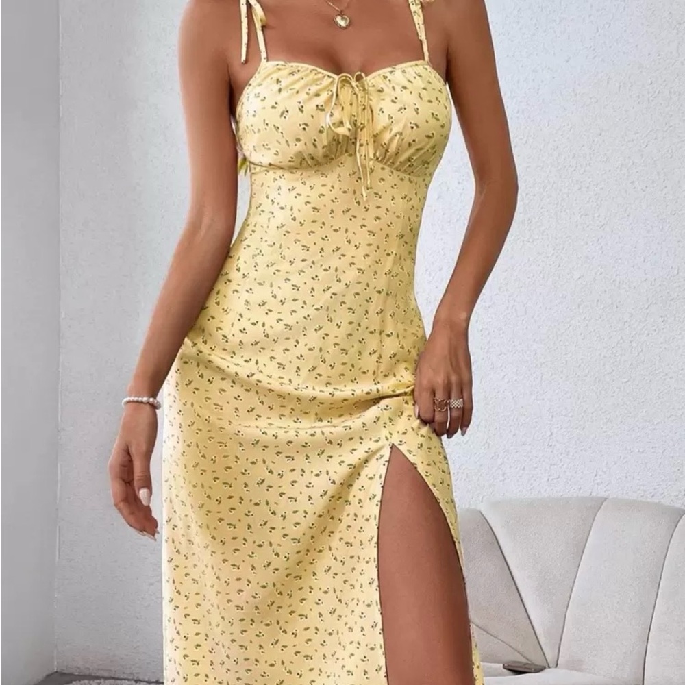 SHEIN Yellow Floral Midi Dress with Slit